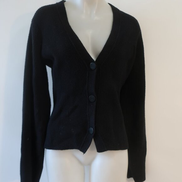 Women Helmut Lang Black V-Neck Ribbed Cotton Blend Chunky Cardigan Sweater S - Picture 3 of 13
